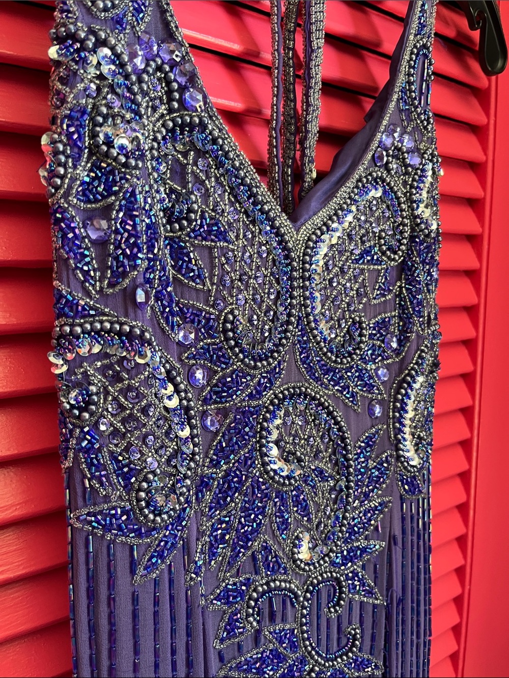 Beaded Purple Prom Dress with V-Neck - Picture 2 of 16